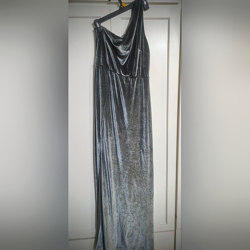 New! Tatiana Velvet One Shoulder Maxi Dress in Eucalyptus (silvery sage green)